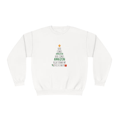 Funny Holiday Crewneck | Amazon Funny Crewneck | Christmas Crewneck | Here Comes Amazon | Unisex Crewneck Sweatshirt