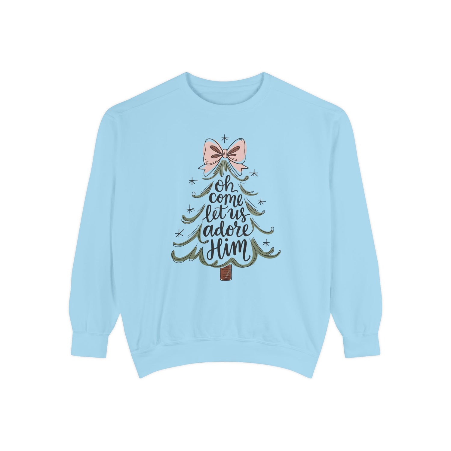 &quot;Oh Come Let Us Adore Him&quot; - Christmas Tree Sweatshirt - Unisex Garment-Dyed