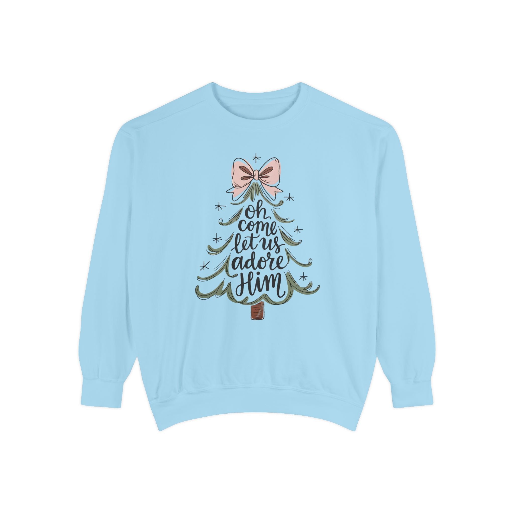 &quot;Oh Come Let Us Adore Him&quot; - Christmas Tree Sweatshirt - Unisex Garment-Dyed