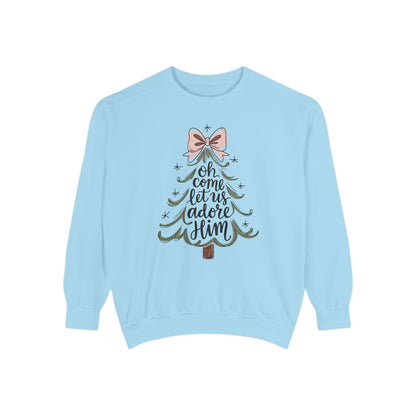 &quot;Oh Come Let Us Adore Him&quot; - Christmas Tree Sweatshirt - Unisex Garment-Dyed