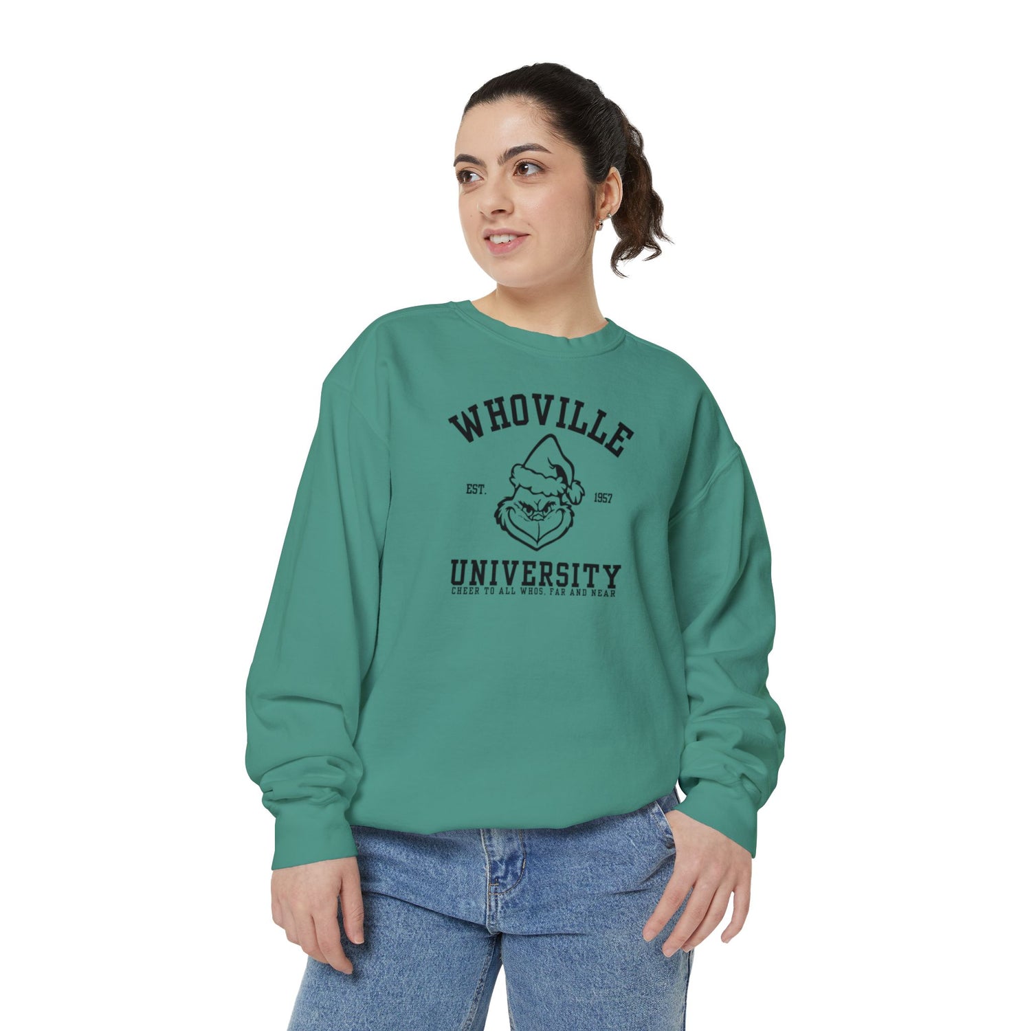 Whoville University Crewneck | Grinch Crewneck | Christmas Crewneck | Unisex Garment-Dyed Sweatshirt