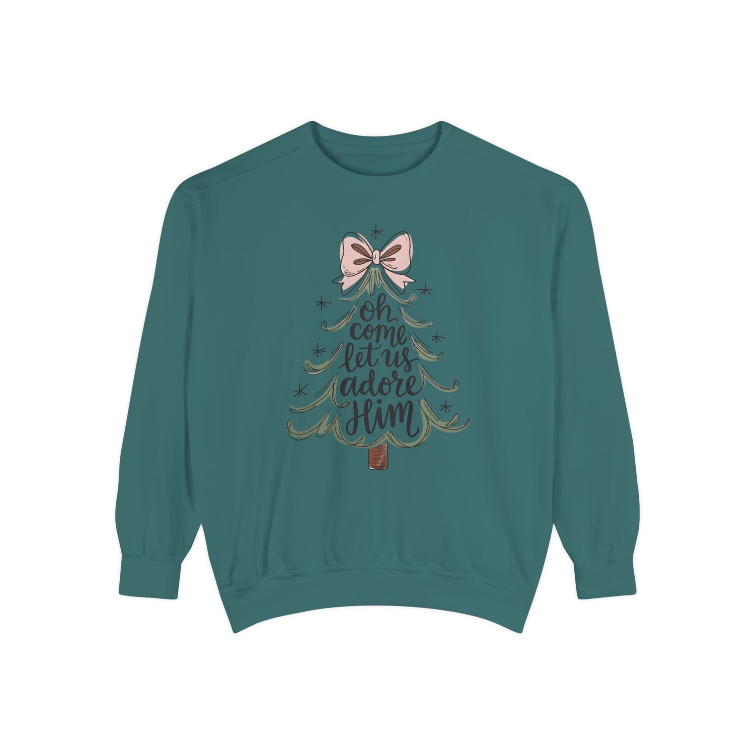 &quot;Oh Come Let Us Adore Him&quot; - Christmas Tree Sweatshirt - Unisex Garment-Dyed