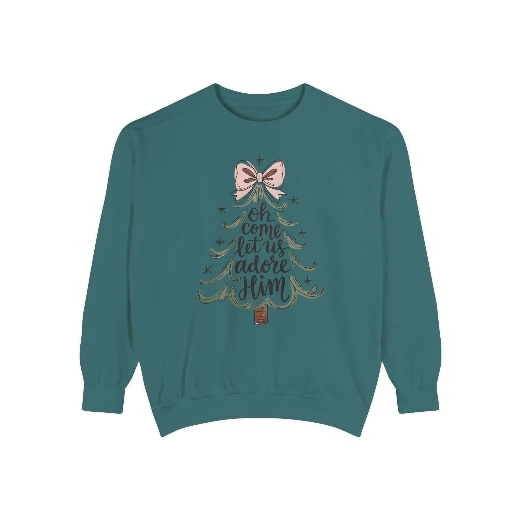 &quot;Oh Come Let Us Adore Him&quot; - Christmas Tree Sweatshirt - Unisex Garment-Dyed