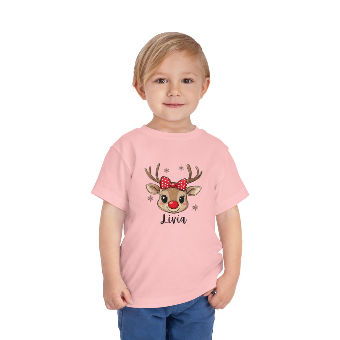 Adorable Toddler Short Sleeve Tee with Reindeer Design - Personalized Holiday T-Shirt for Kids