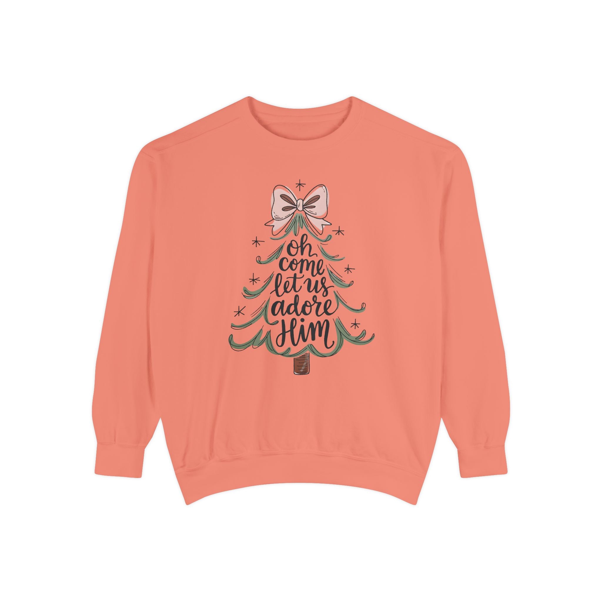 &quot;Oh Come Let Us Adore Him&quot; - Christmas Tree Sweatshirt - Unisex Garment-Dyed