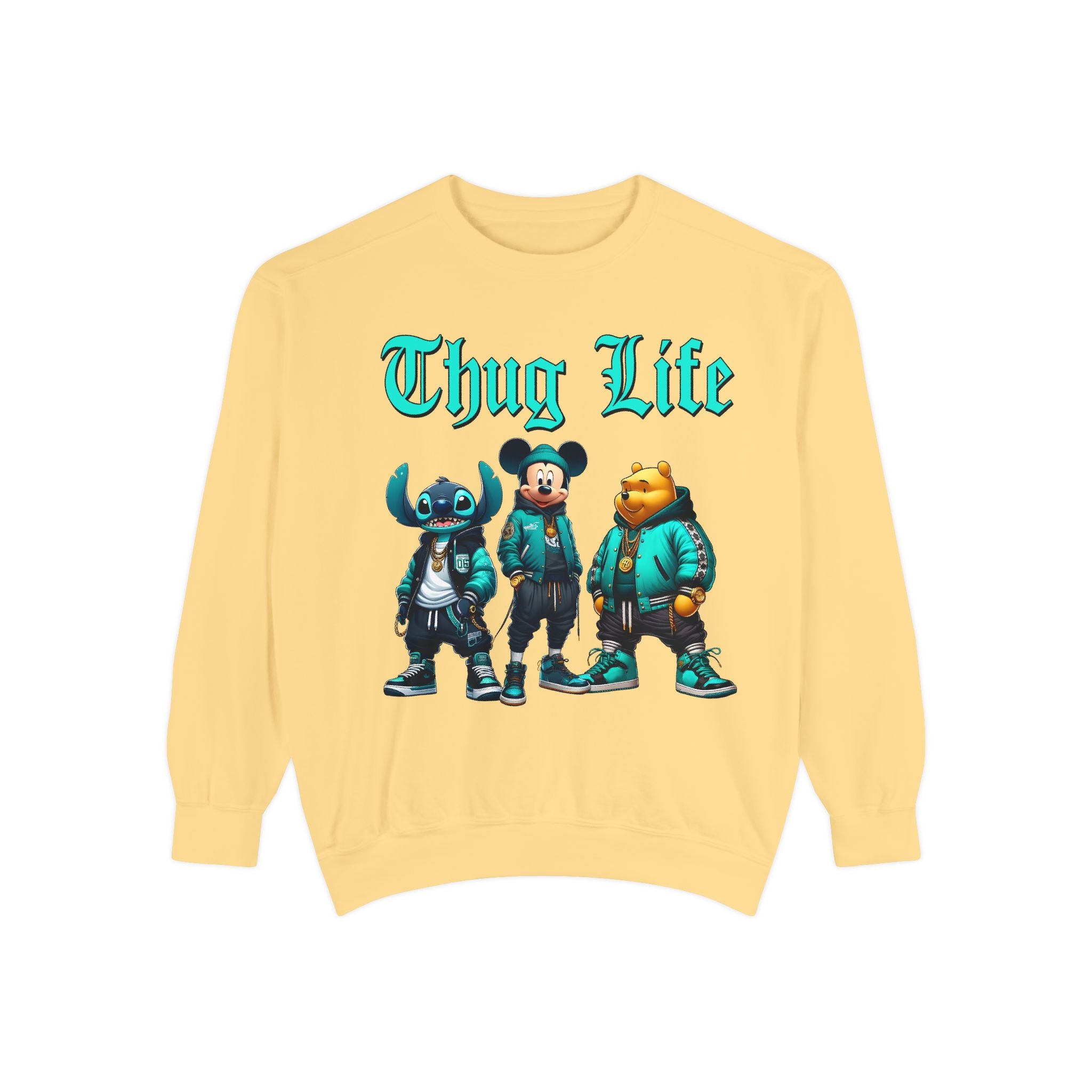 Mickey Stitch Pooh Thug Life Crewneck | Unisex Garment-Dyed Sweatshirt