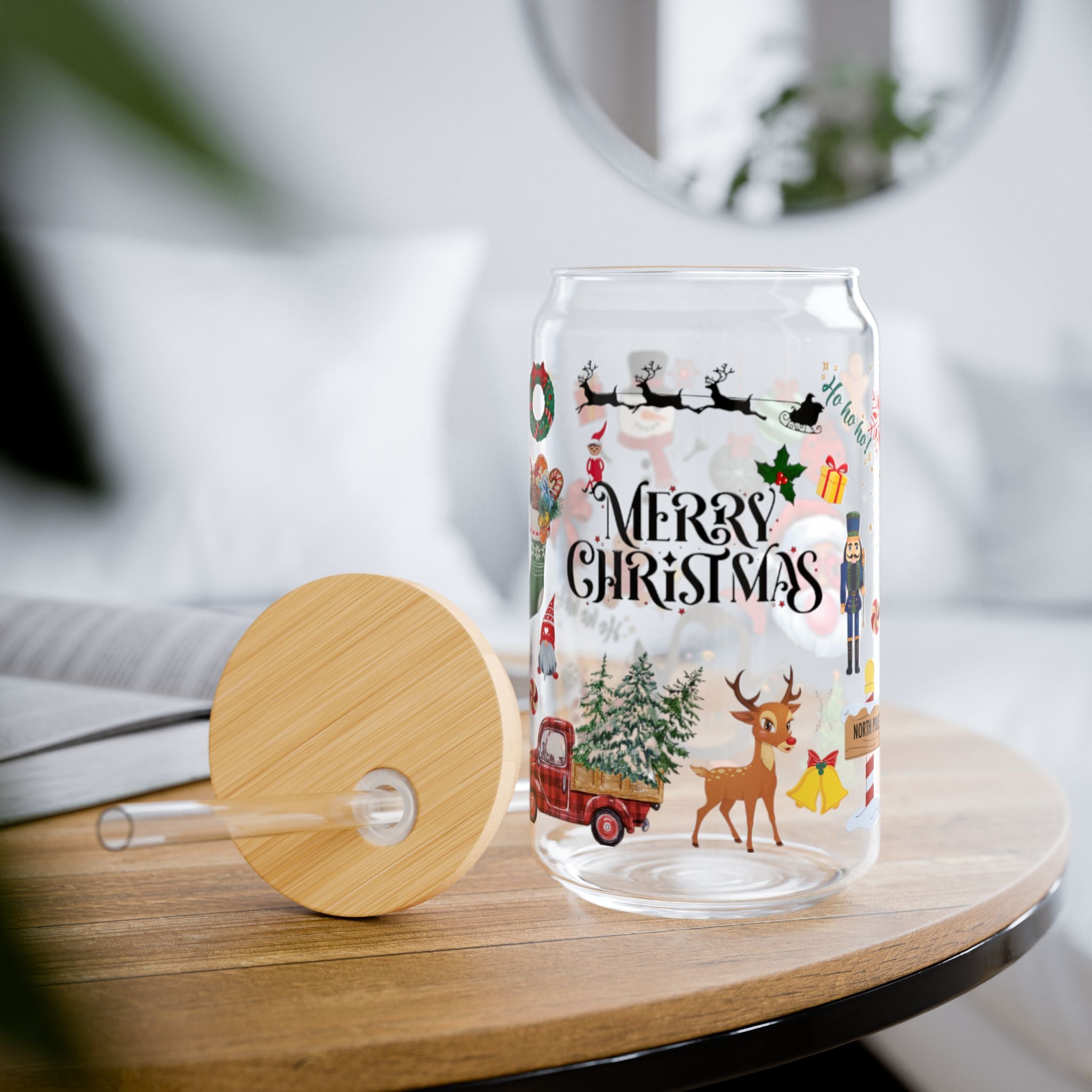 Christmas-Themed 16oz Sipper Glass with Straw | Merry Christmas Design | Holiday Drinkware