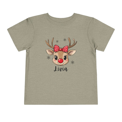 Adorable Toddler Short Sleeve Tee with Reindeer Design - Personalized Holiday T-Shirt for Kids