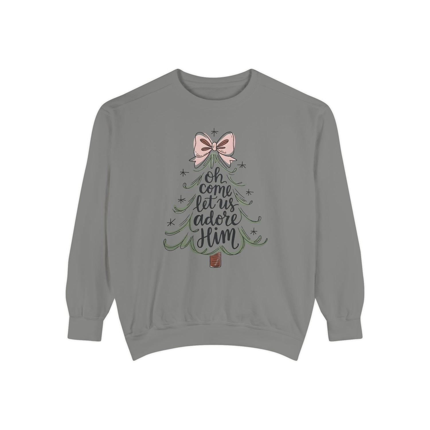 &quot;Oh Come Let Us Adore Him&quot; - Christmas Tree Sweatshirt - Unisex Garment-Dyed