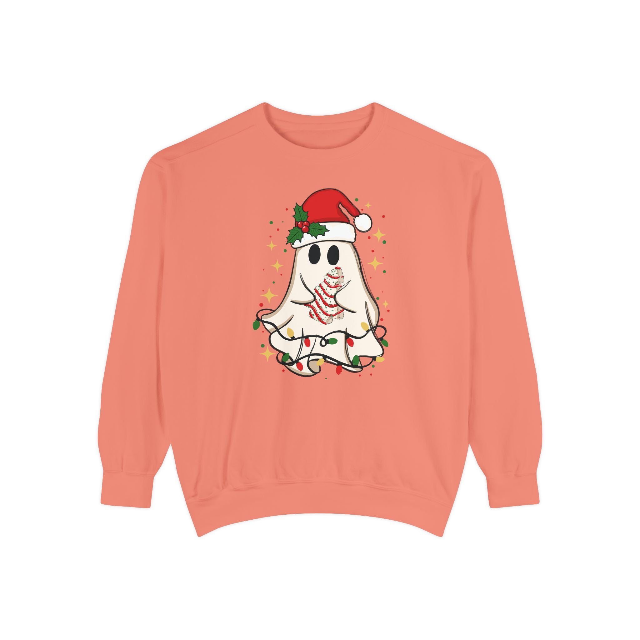 Festive Ghost Sweatshirt - Unisex Garment-Dyed Christmas Top