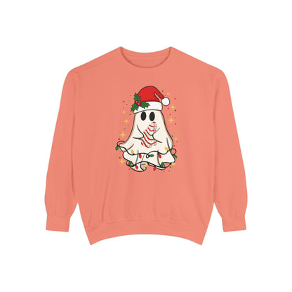 Festive Ghost Sweatshirt - Unisex Garment-Dyed Christmas Top