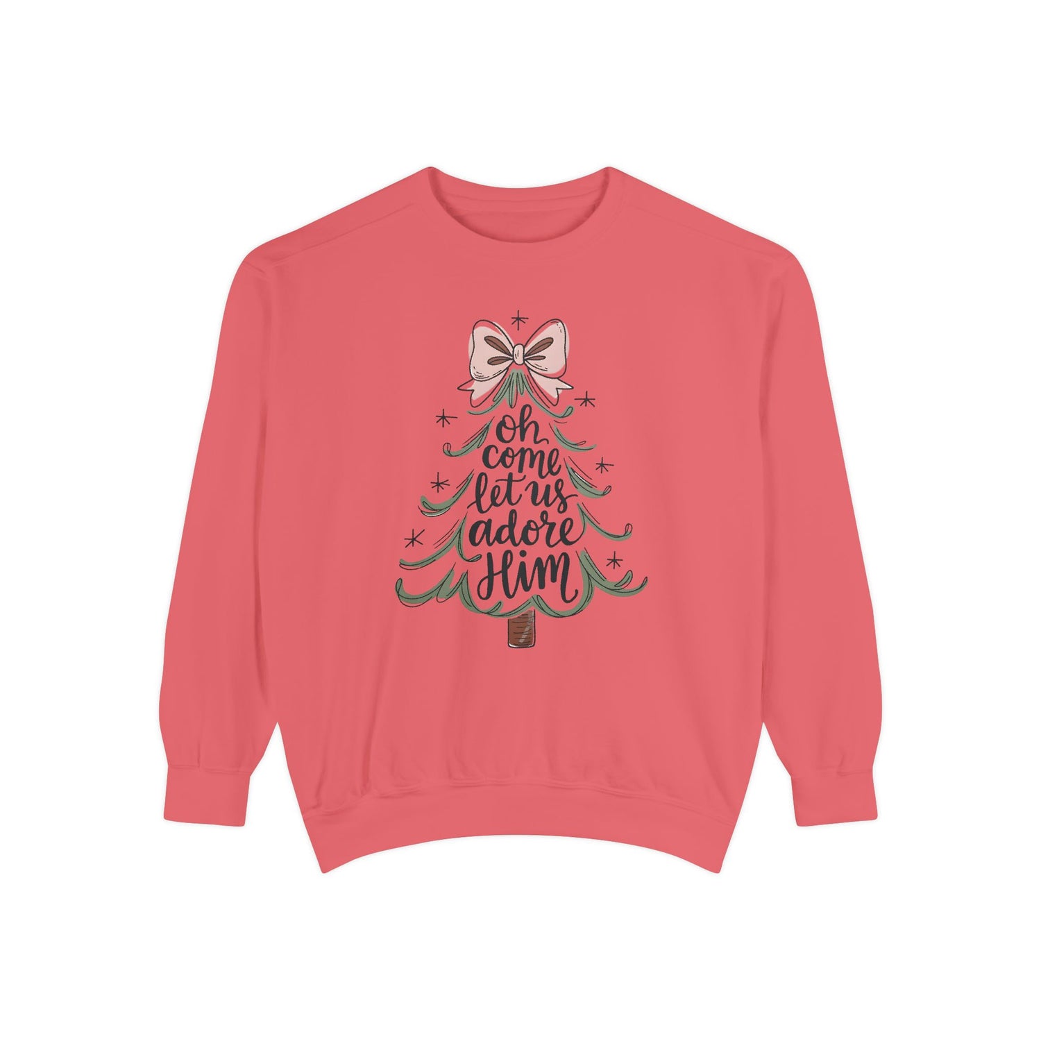 &quot;Oh Come Let Us Adore Him&quot; - Christmas Tree Sweatshirt - Unisex Garment-Dyed