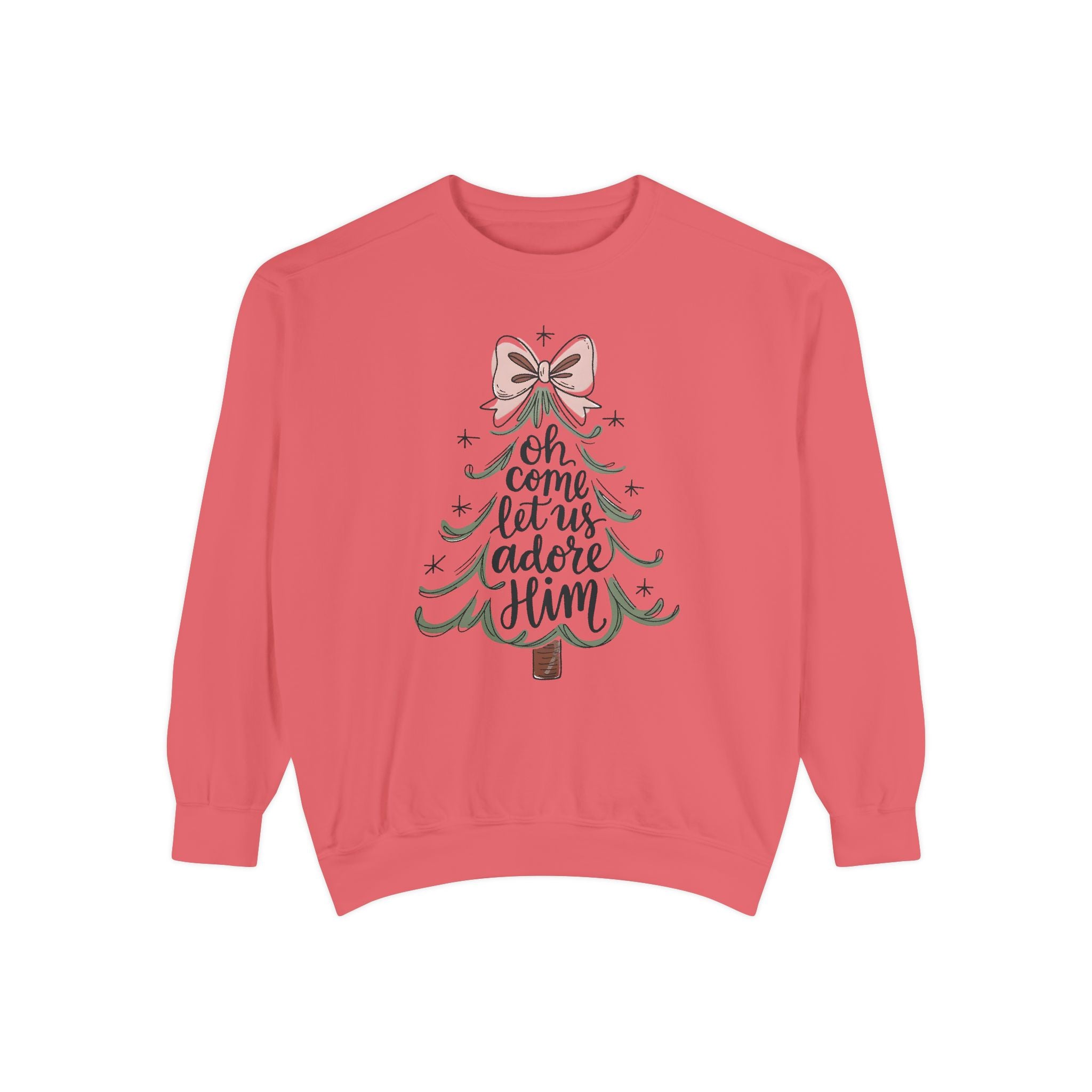 &quot;Oh Come Let Us Adore Him&quot; - Christmas Tree Sweatshirt - Unisex Garment-Dyed