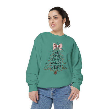 &quot;Oh Come Let Us Adore Him&quot; - Christmas Tree Sweatshirt - Unisex Garment-Dyed