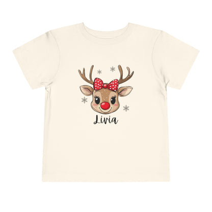 Adorable Toddler Short Sleeve Tee with Reindeer Design - Personalized Holiday T-Shirt for Kids