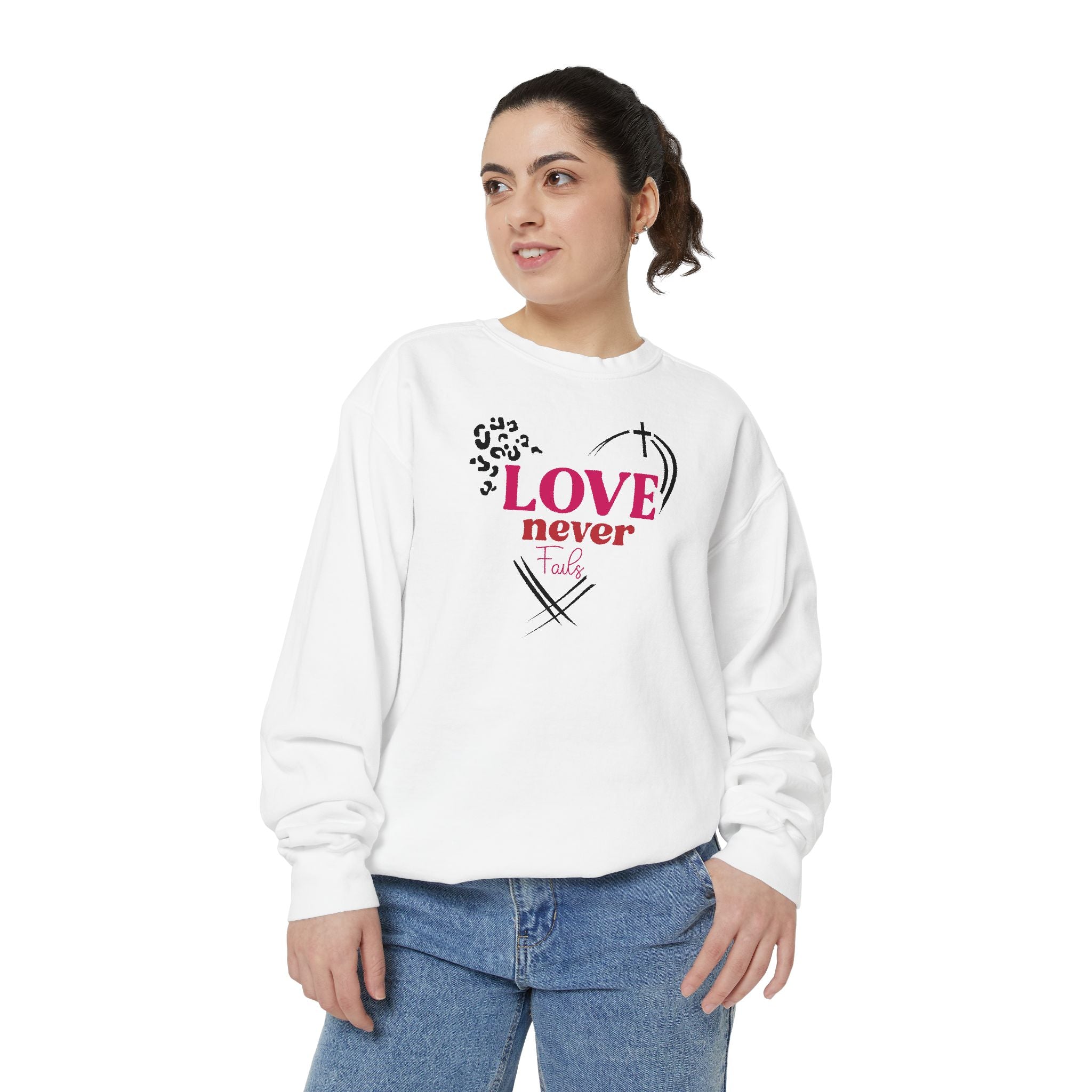 Love Never Fails Unisex Garment-Dyed Sweatshirt - Inspirational Casual Wear