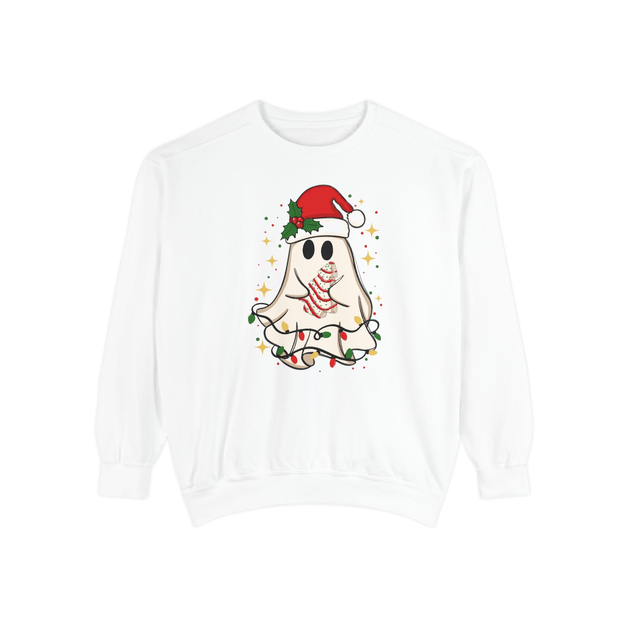 Festive Ghost Sweatshirt - Unisex Garment-Dyed Christmas Top