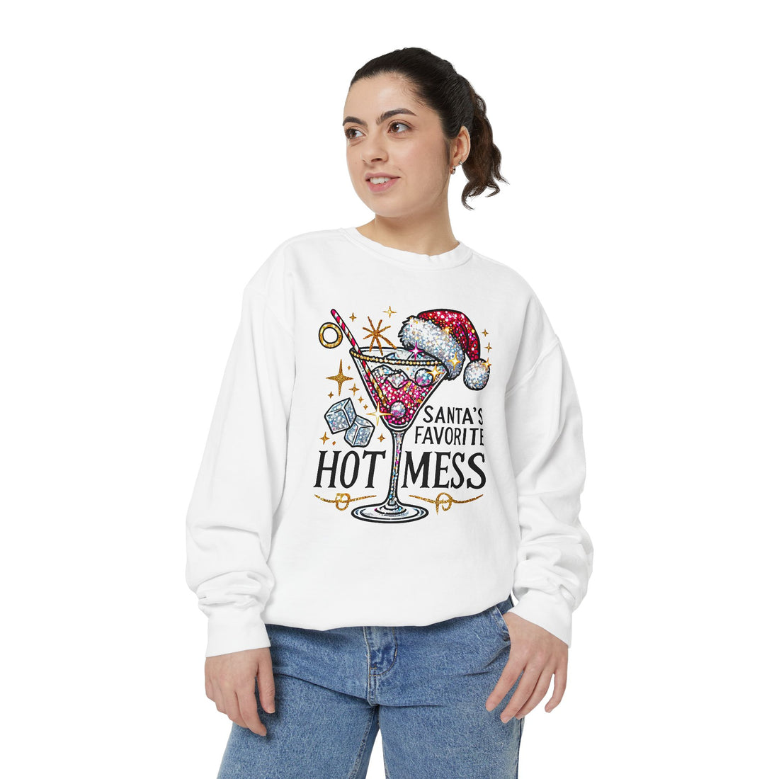 Santa’s Favorite Hot Mess Sweatshirt - Festive Unisex Garment-Dyed Sweatshirt for Holiday Cheer