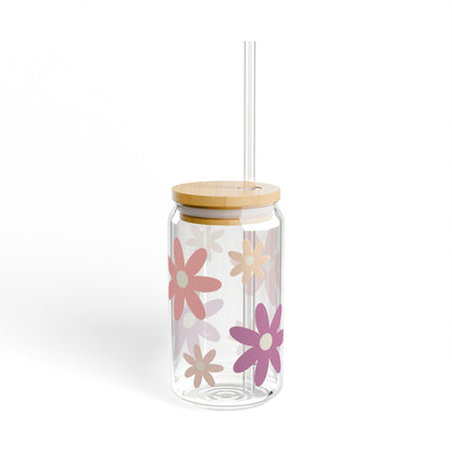 Flower Power | Floral Sipper Glass | Floral Boho Sipper Glass | Flower Sipper Glass with Lid and Straw 16oz