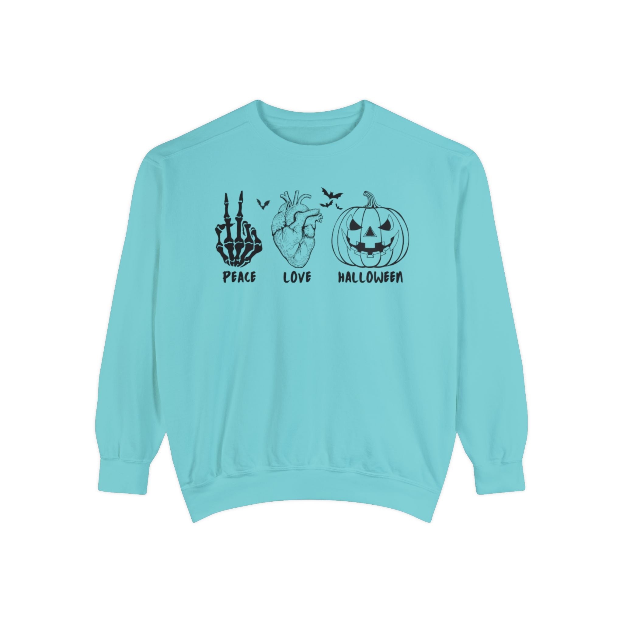 Peace Love Halloween Crewneck | Halloween Crewneck | Unisex Garment-Dyed Sweatshirt