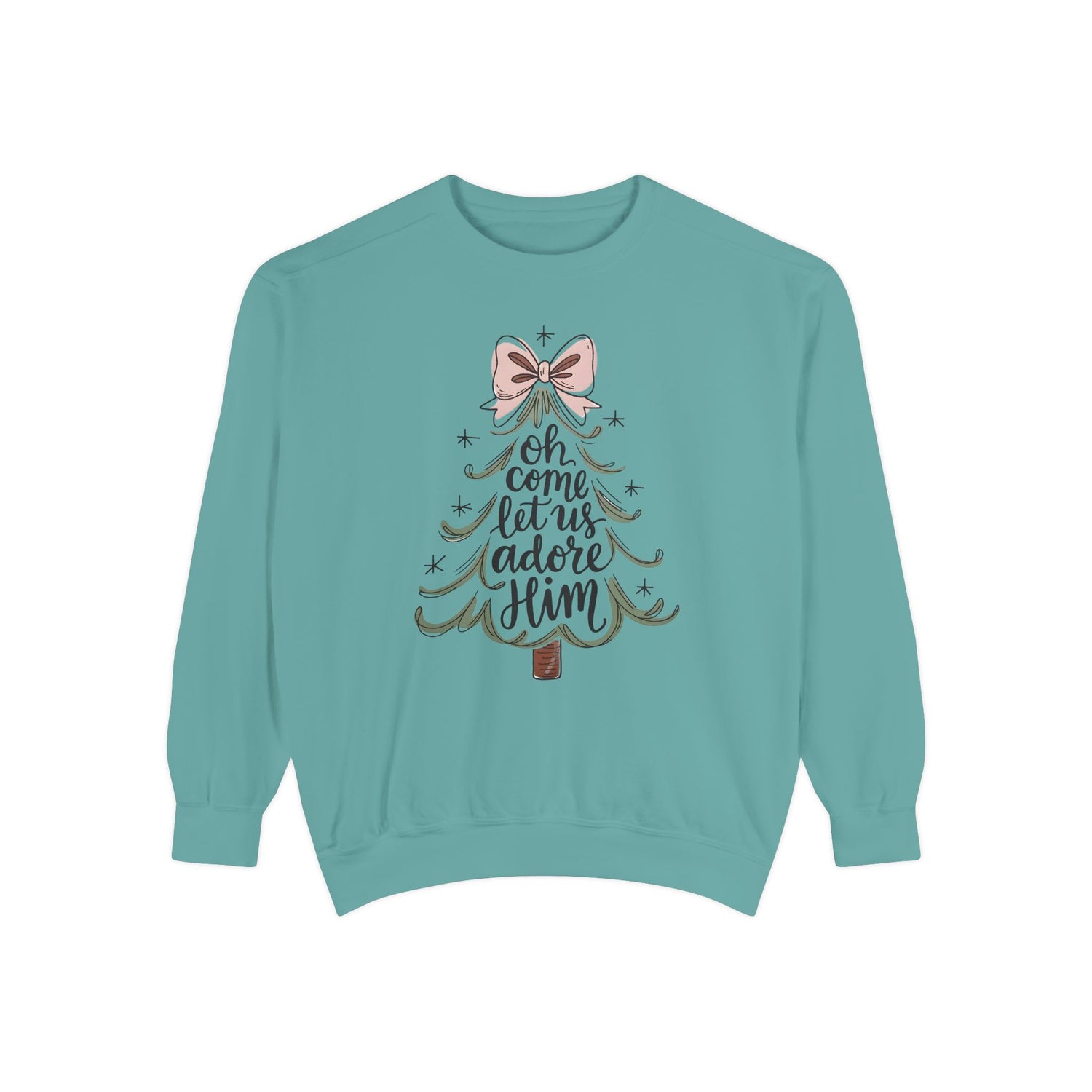 &quot;Oh Come Let Us Adore Him&quot; - Christmas Tree Sweatshirt - Unisex Garment-Dyed