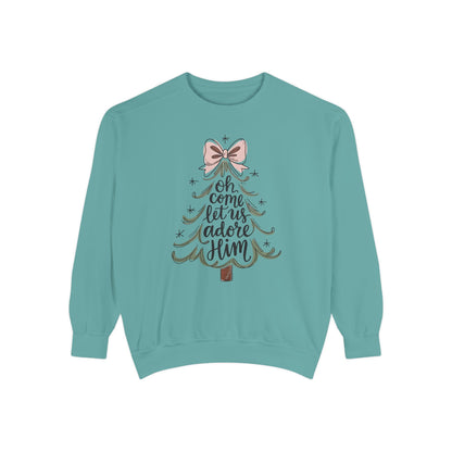 &quot;Oh Come Let Us Adore Him&quot; - Christmas Tree Sweatshirt - Unisex Garment-Dyed