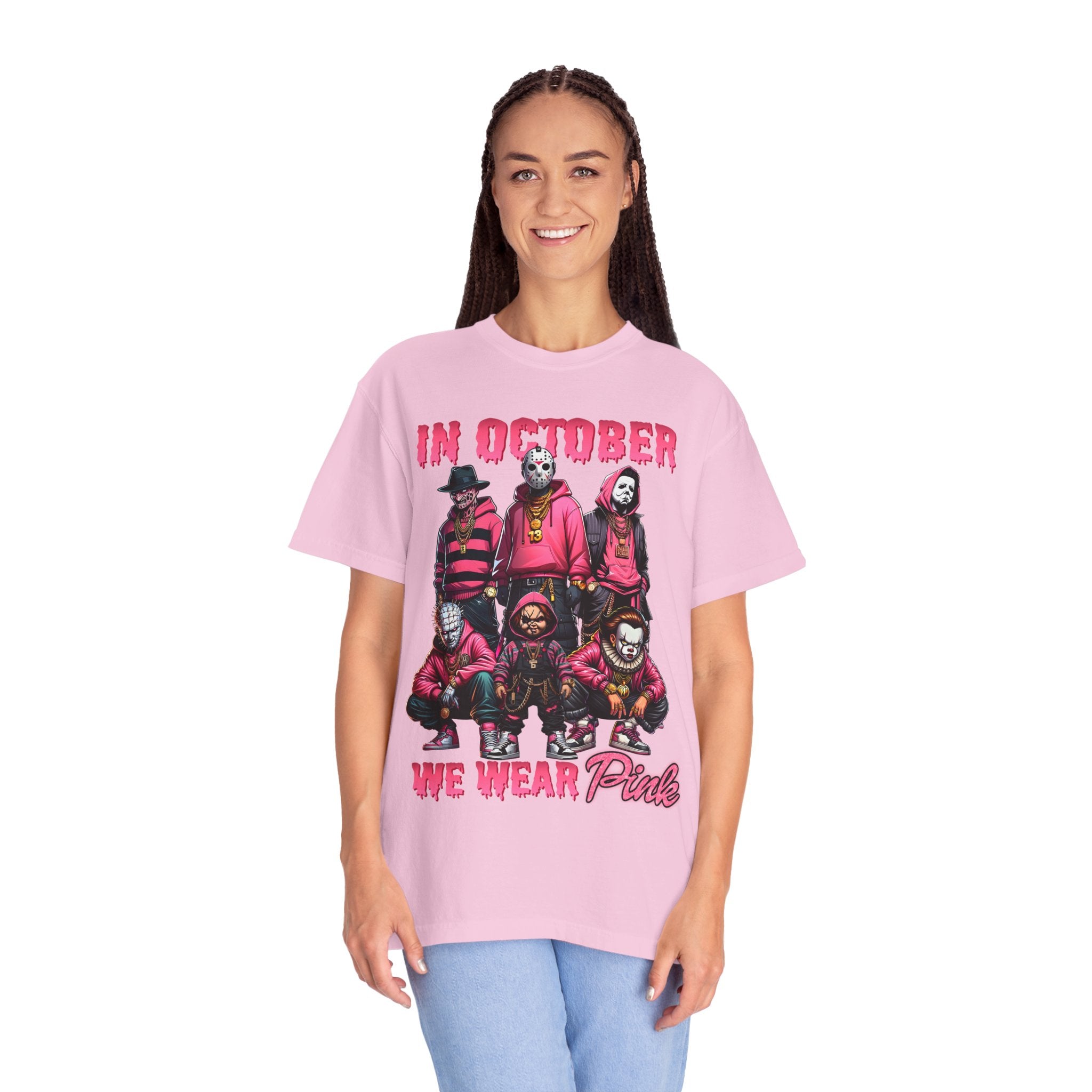 Horror Movie T-shirt | In October We Wear Pink T-shirt | Unisex Garment-Dyed T-shirt