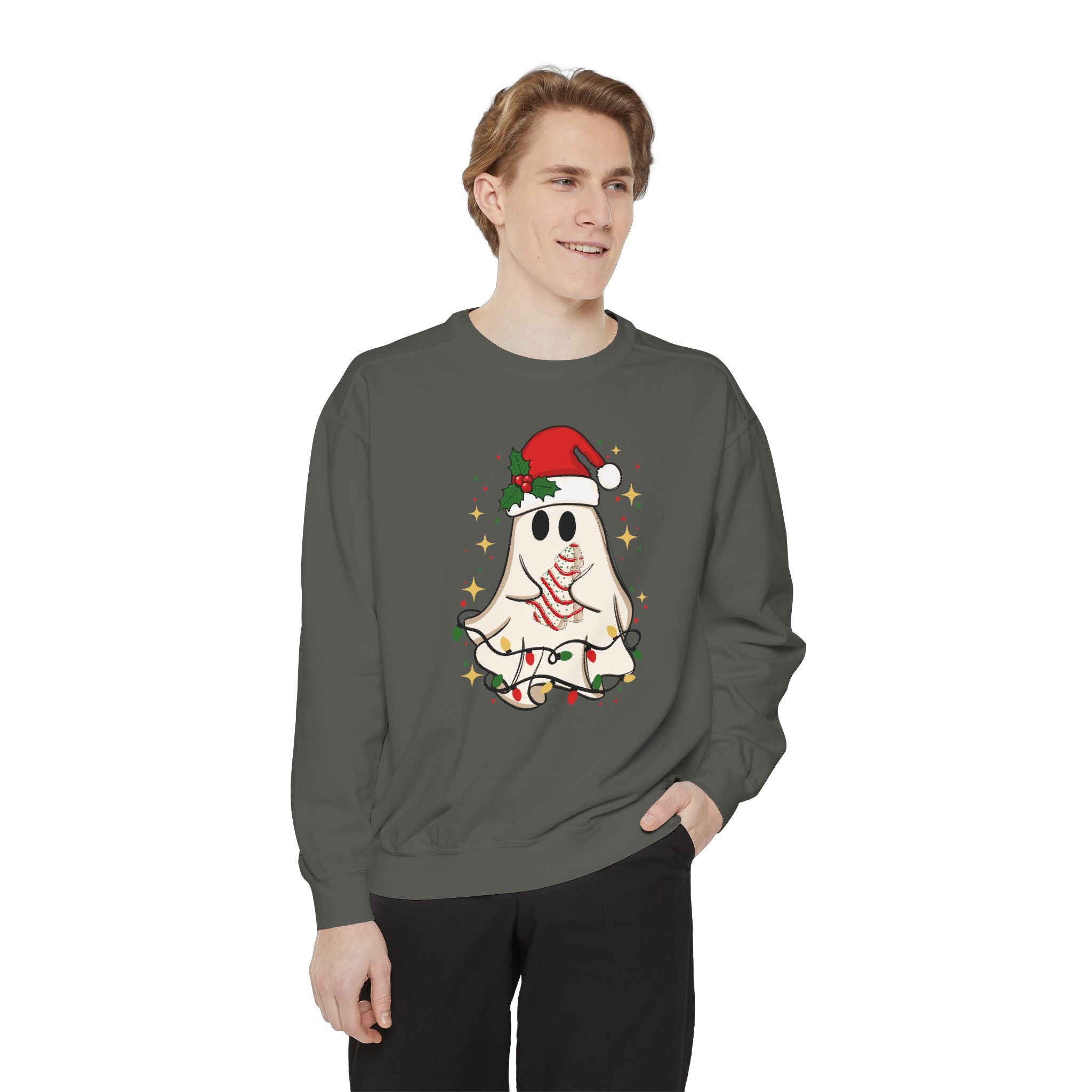 Festive Ghost Sweatshirt - Unisex Garment-Dyed Christmas Top