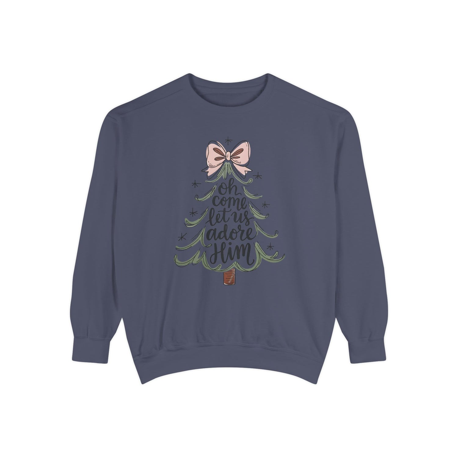 &quot;Oh Come Let Us Adore Him&quot; - Christmas Tree Sweatshirt - Unisex Garment-Dyed