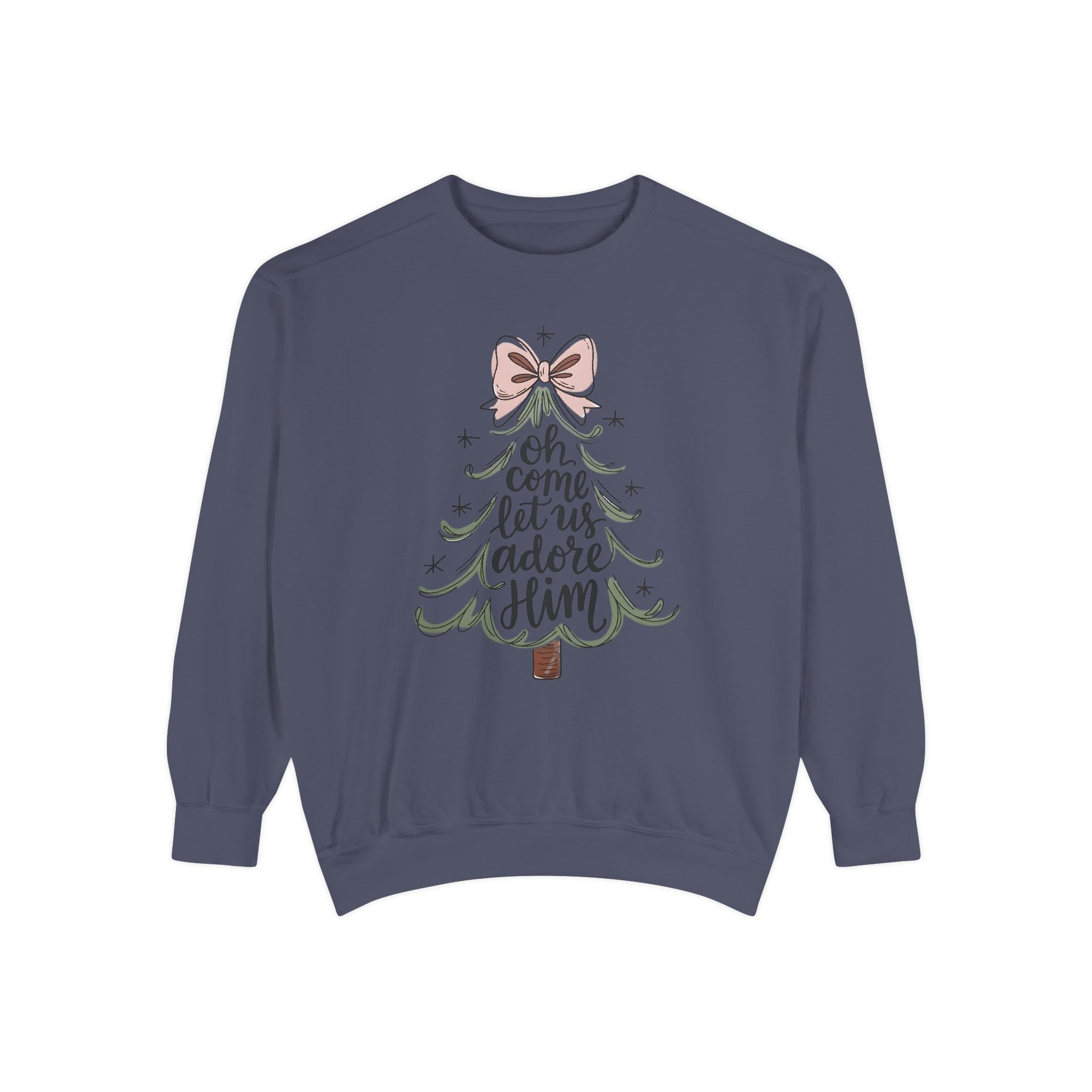 &quot;Oh Come Let Us Adore Him&quot; - Christmas Tree Sweatshirt - Unisex Garment-Dyed