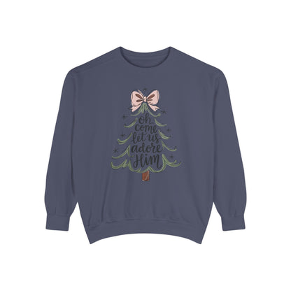 &quot;Oh Come Let Us Adore Him&quot; - Christmas Tree Sweatshirt - Unisex Garment-Dyed