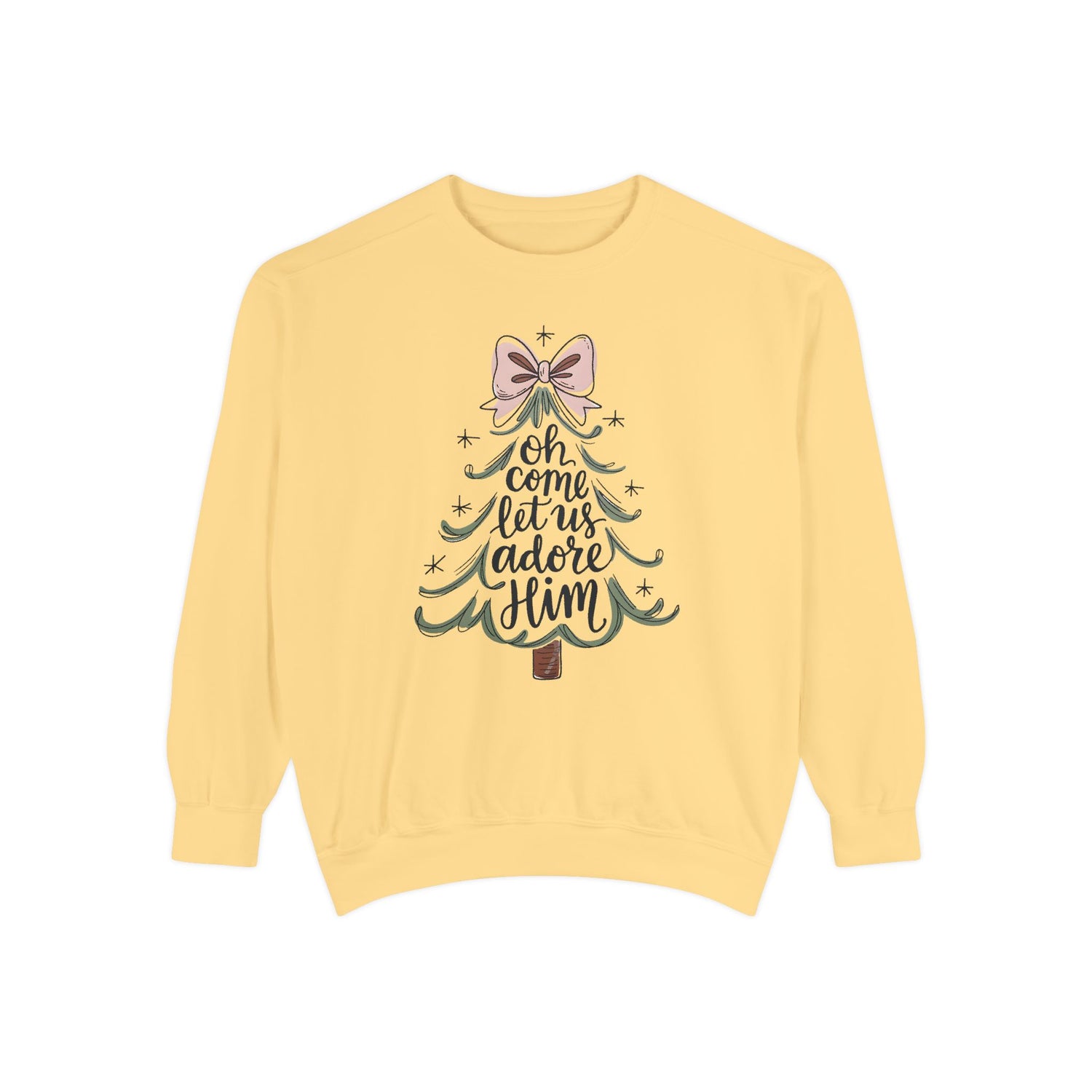 &quot;Oh Come Let Us Adore Him&quot; - Christmas Tree Sweatshirt - Unisex Garment-Dyed