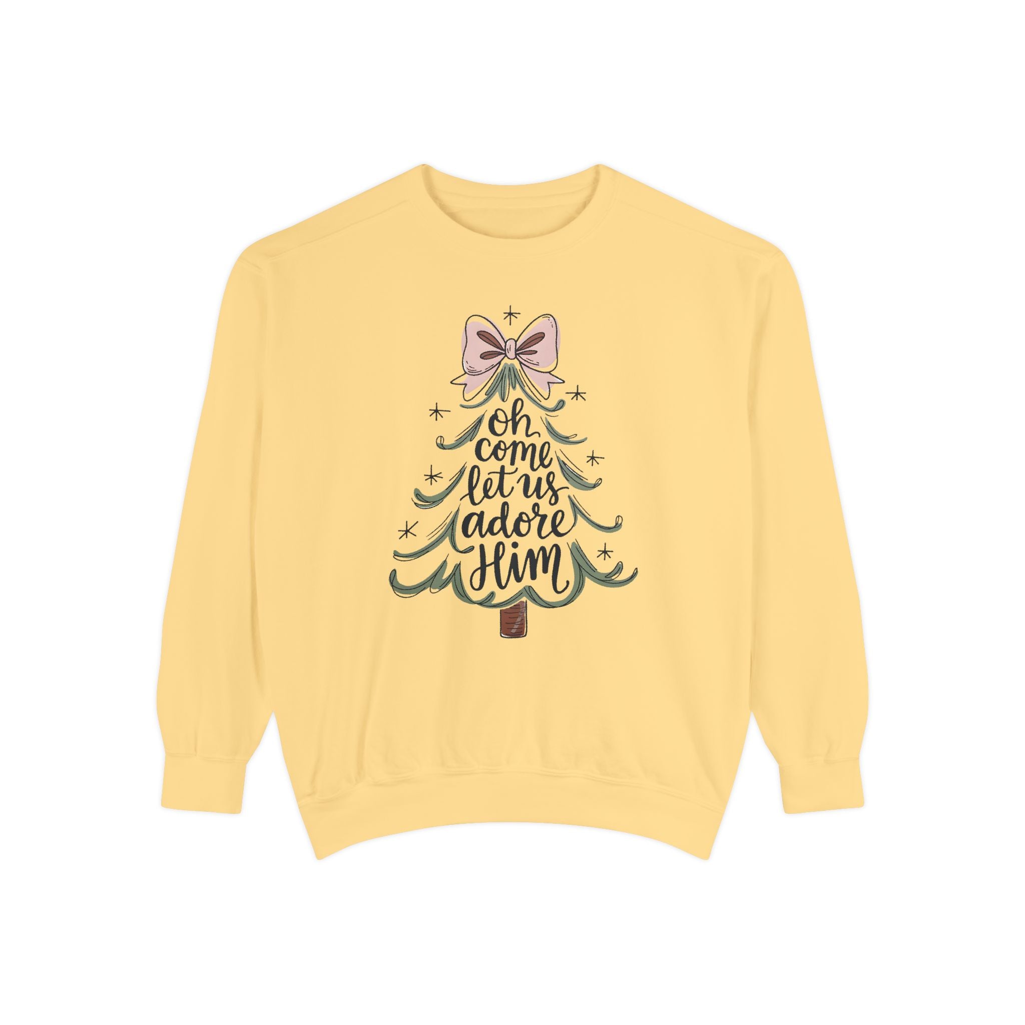 &quot;Oh Come Let Us Adore Him&quot; - Christmas Tree Sweatshirt - Unisex Garment-Dyed