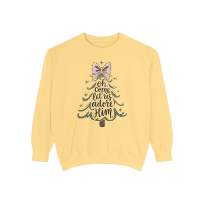 &quot;Oh Come Let Us Adore Him&quot; - Christmas Tree Sweatshirt - Unisex Garment-Dyed