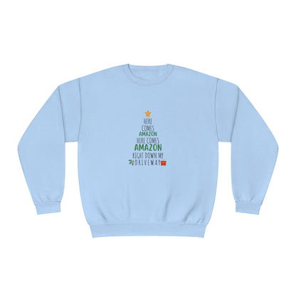 Funny Holiday Crewneck | Amazon Funny Crewneck | Christmas Crewneck | Here Comes Amazon | Unisex Crewneck Sweatshirt