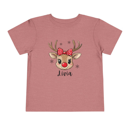 Adorable Toddler Short Sleeve Tee with Reindeer Design - Personalized Holiday T-Shirt for Kids