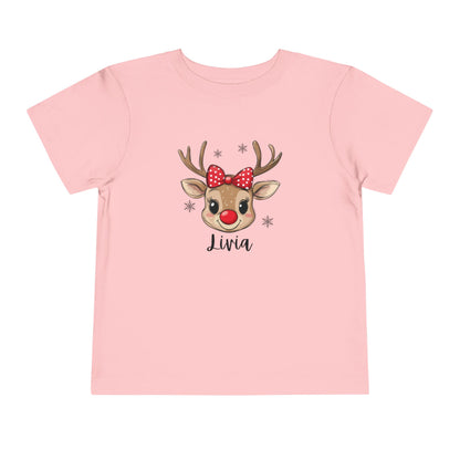 Adorable Toddler Short Sleeve Tee with Reindeer Design - Personalized Holiday T-Shirt for Kids