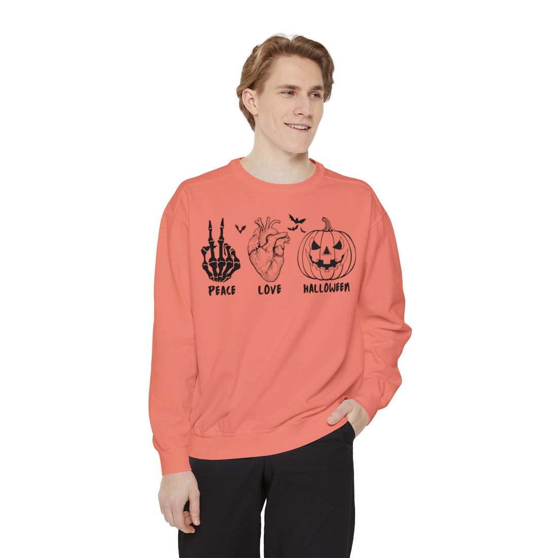 Peace Love Halloween Crewneck | Halloween Crewneck | Unisex Garment-Dyed Sweatshirt