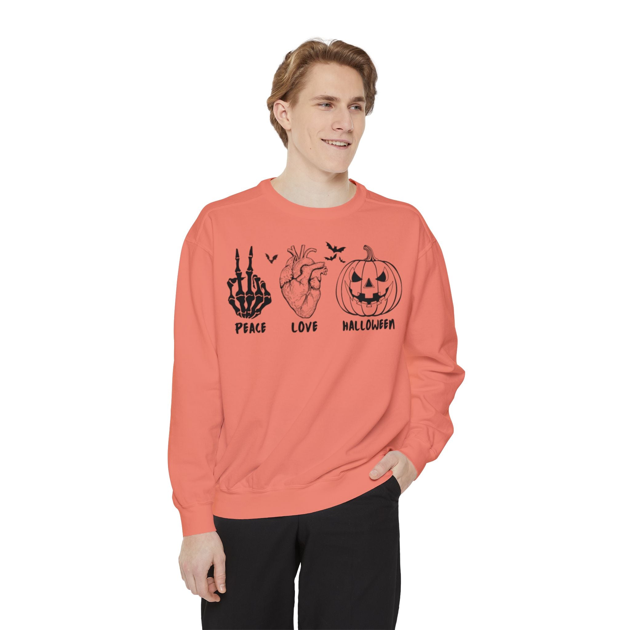 Peace Love Halloween Crewneck | Halloween Crewneck | Unisex Garment-Dyed Sweatshirt