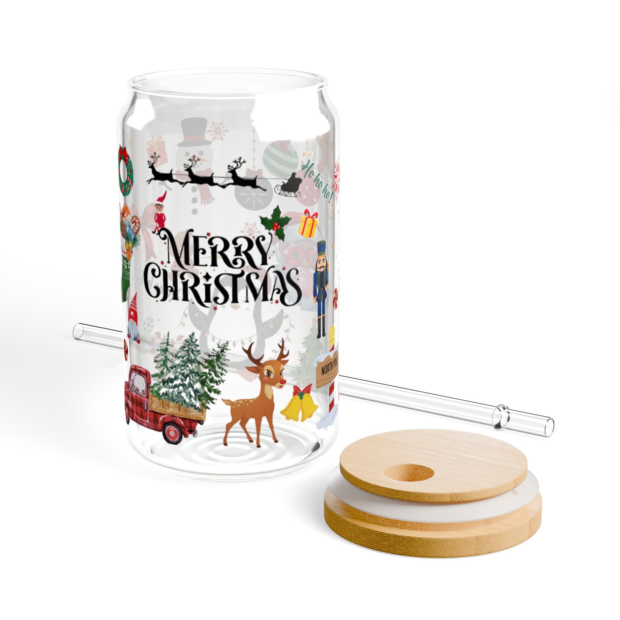 Christmas-Themed 16oz Sipper Glass with Straw | Merry Christmas Design | Holiday Drinkware