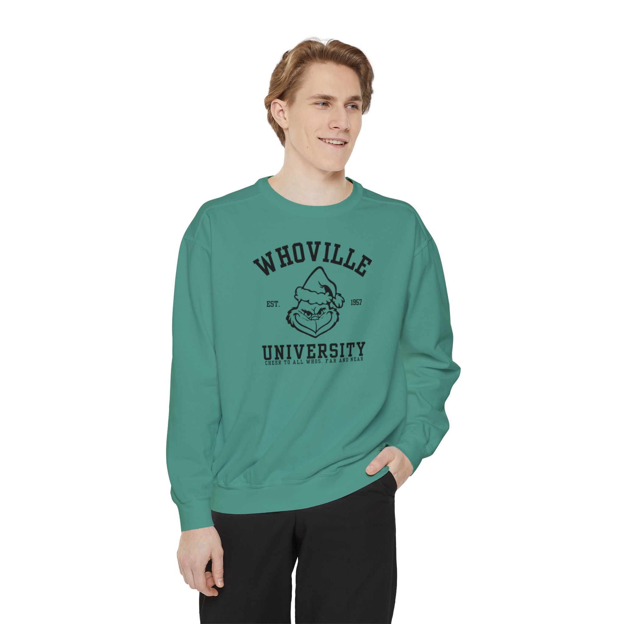 Whoville University Crewneck | Grinch Crewneck | Christmas Crewneck | Unisex Garment-Dyed Sweatshirt