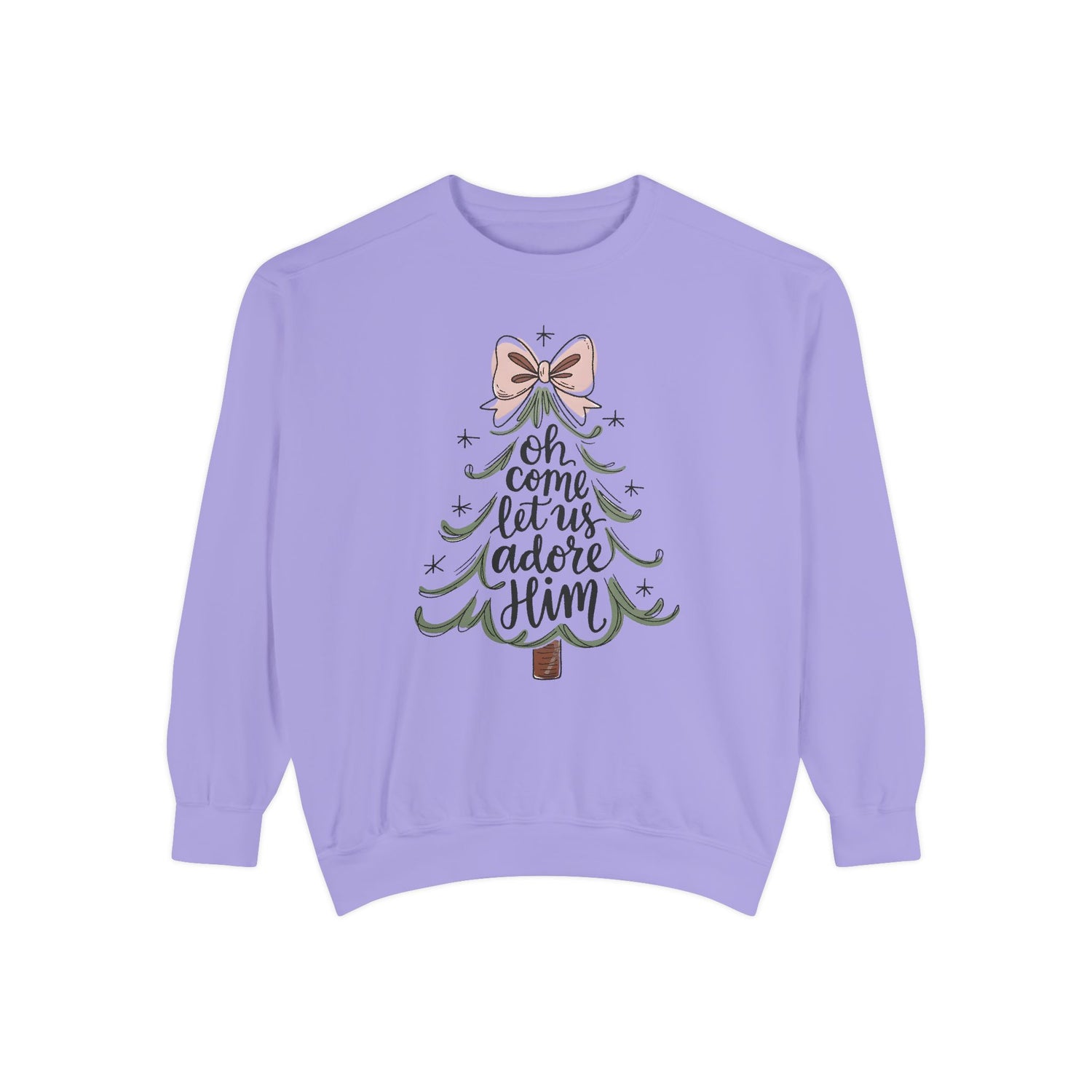 &quot;Oh Come Let Us Adore Him&quot; - Christmas Tree Sweatshirt - Unisex Garment-Dyed