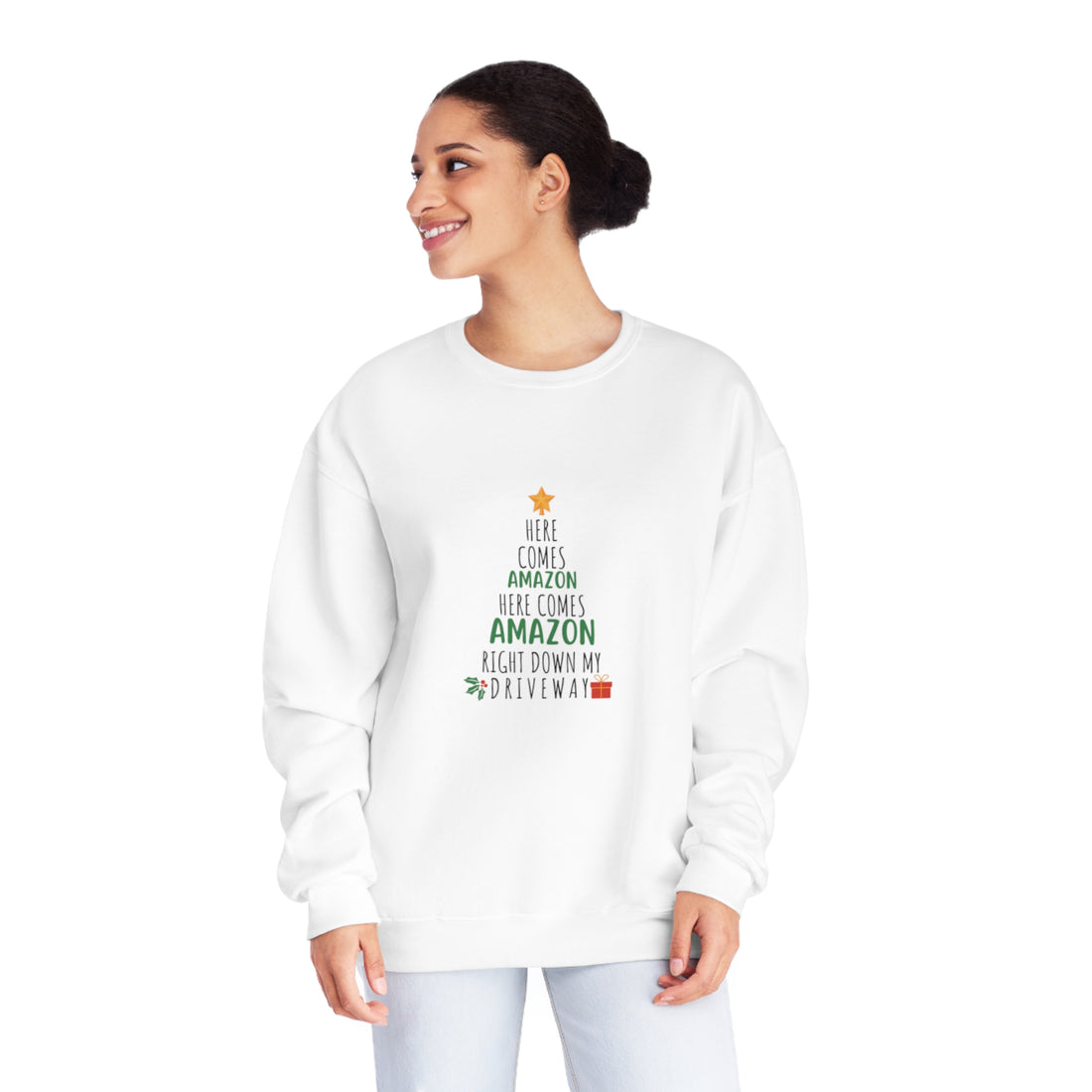 Funny Holiday Crewneck | Amazon Funny Crewneck | Christmas Crewneck | Here Comes Amazon | Unisex Crewneck Sweatshirt