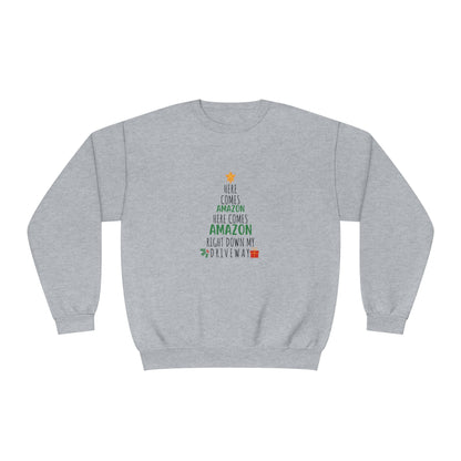 Funny Holiday Crewneck | Amazon Funny Crewneck | Christmas Crewneck | Here Comes Amazon | Unisex Crewneck Sweatshirt