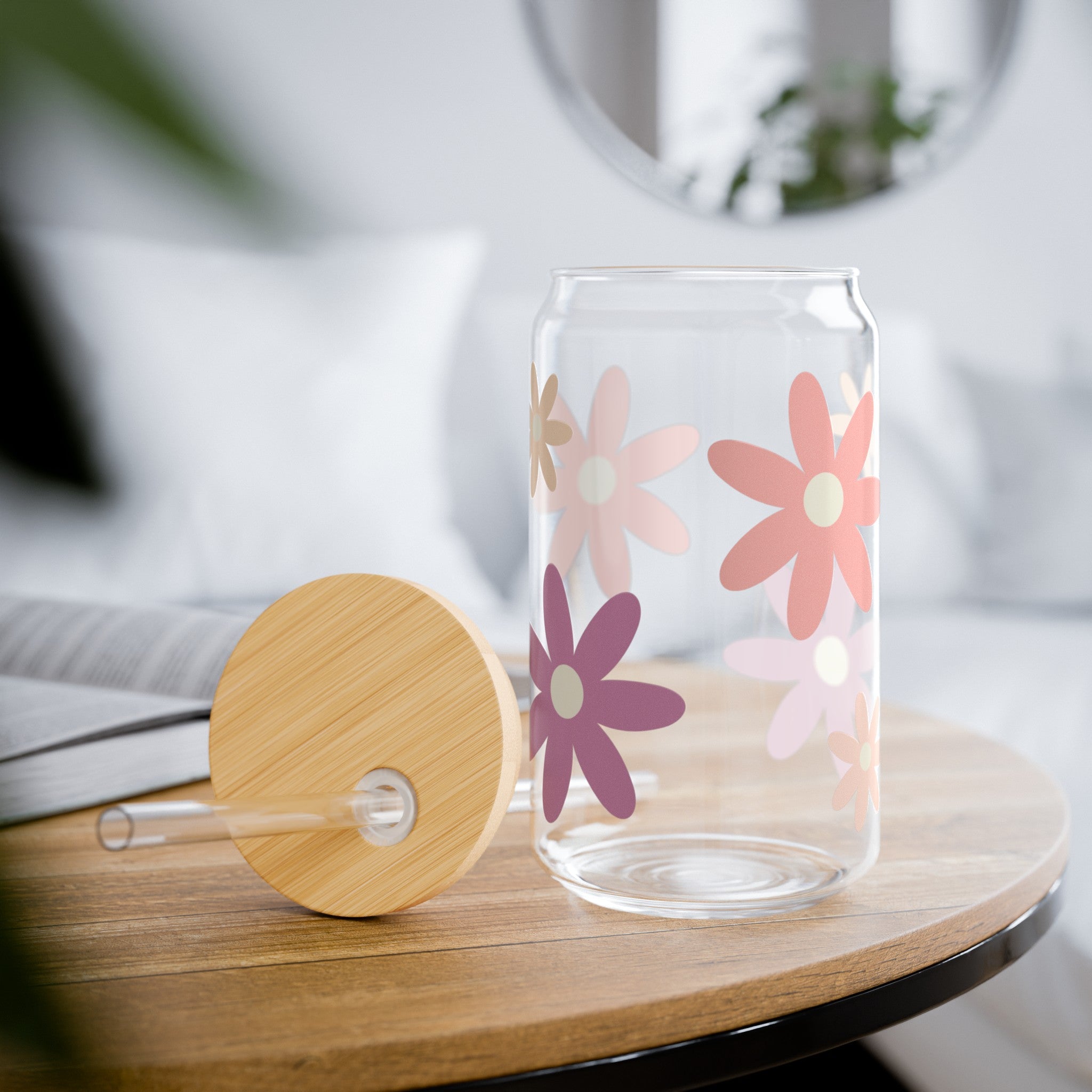 Flower Power | Floral Sipper Glass | Floral Boho Sipper Glass | Flower Sipper Glass with Lid and Straw 16oz