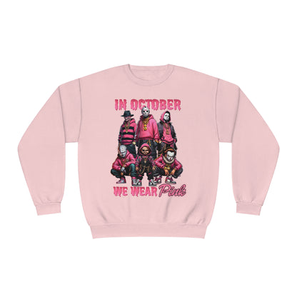 Horror Movie Crewneck | In October we Wear Pink Crewneck | Unisex NuBlend® Crewneck Sweatshirt