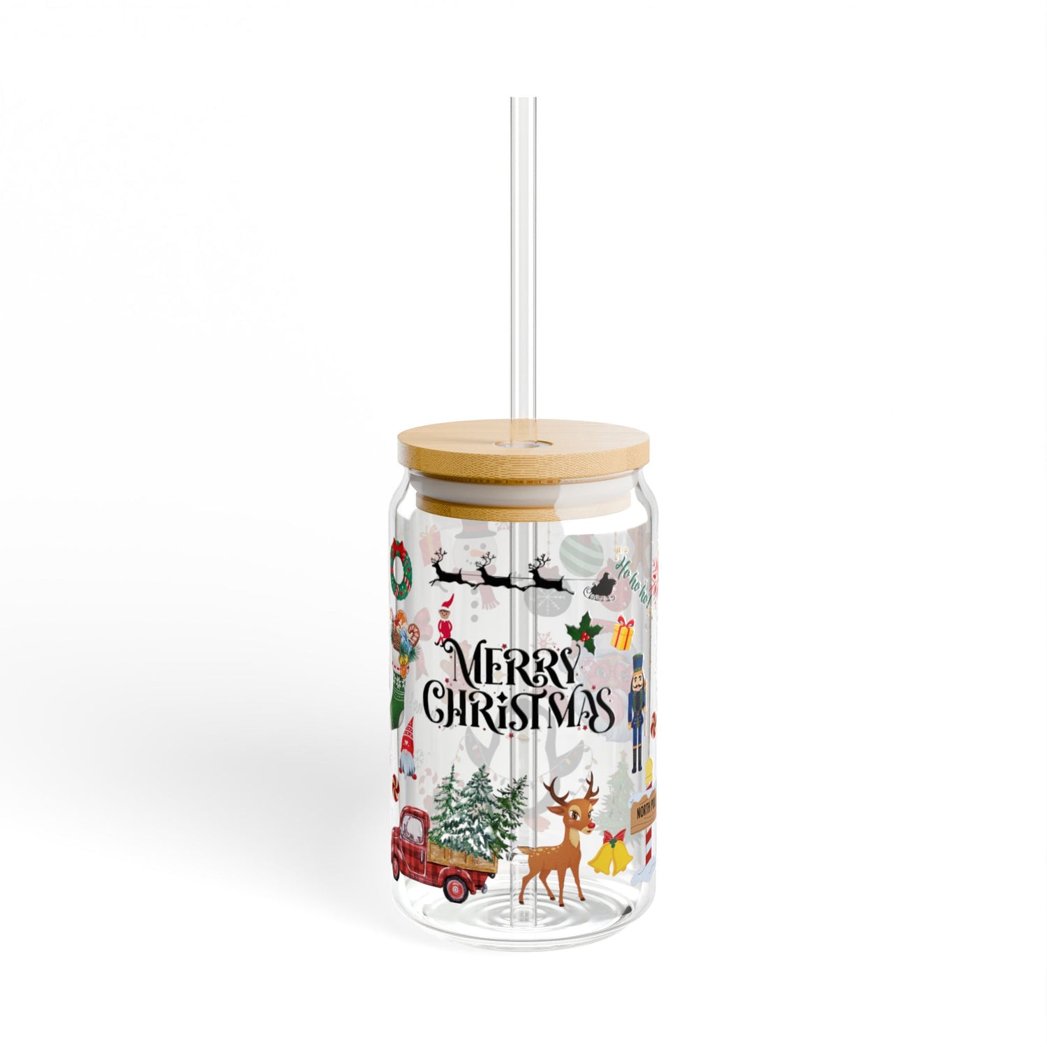 Christmas-Themed 16oz Sipper Glass with Straw | Merry Christmas Design | Holiday Drinkware