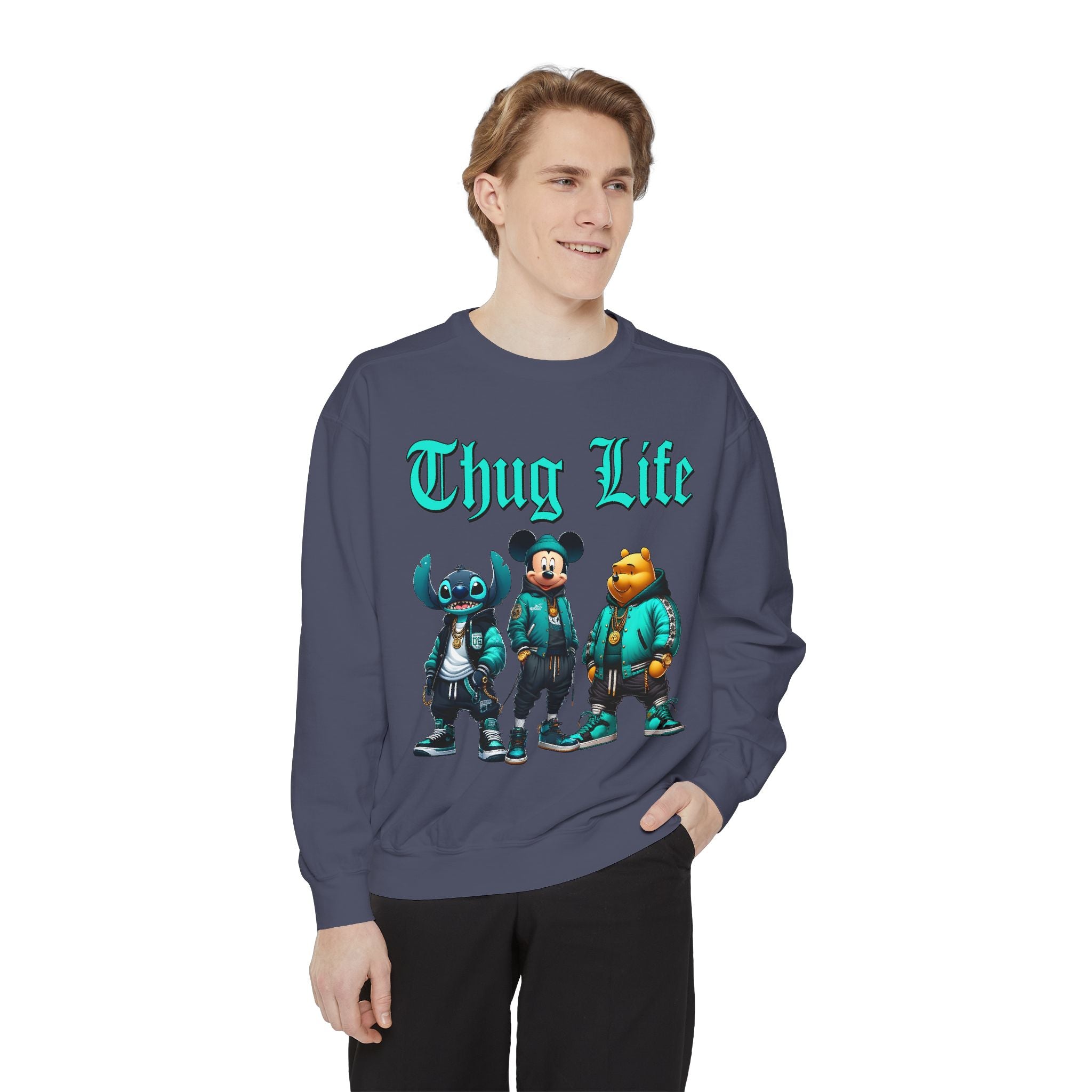 Mickey Stitch Pooh Thug Life Crewneck | Unisex Garment-Dyed Sweatshirt