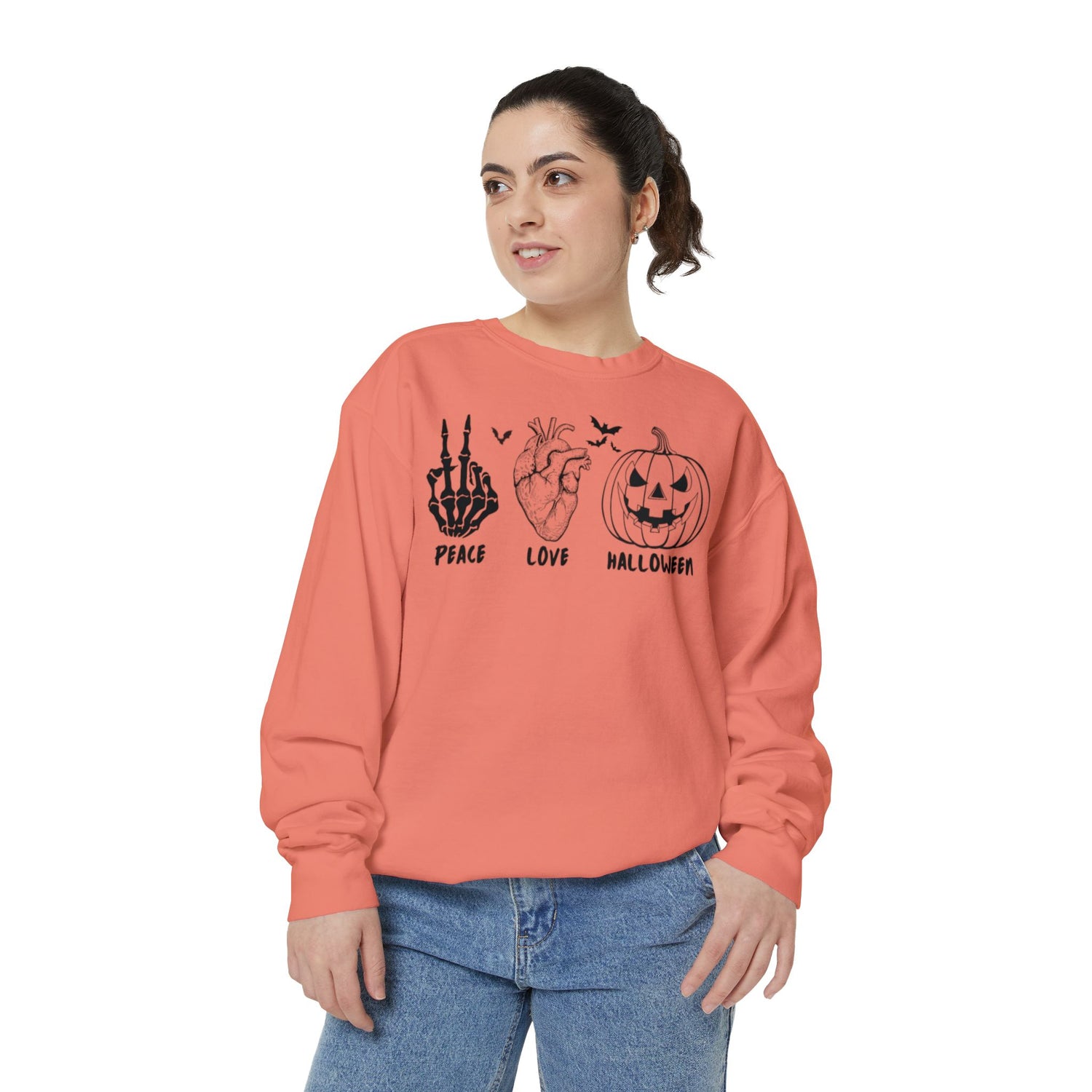 Peace Love Halloween Crewneck | Halloween Crewneck | Unisex Garment-Dyed Sweatshirt