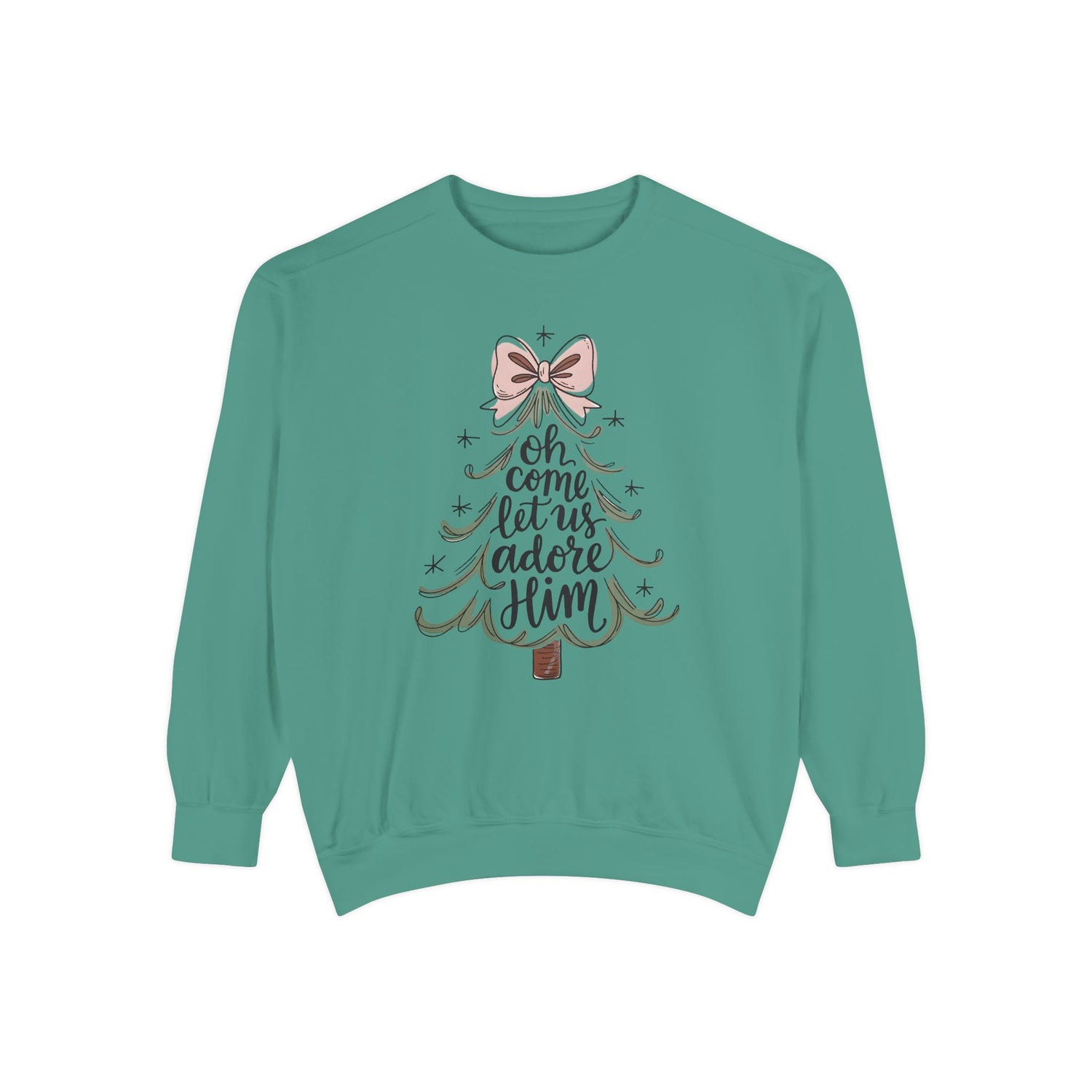 &quot;Oh Come Let Us Adore Him&quot; - Christmas Tree Sweatshirt - Unisex Garment-Dyed